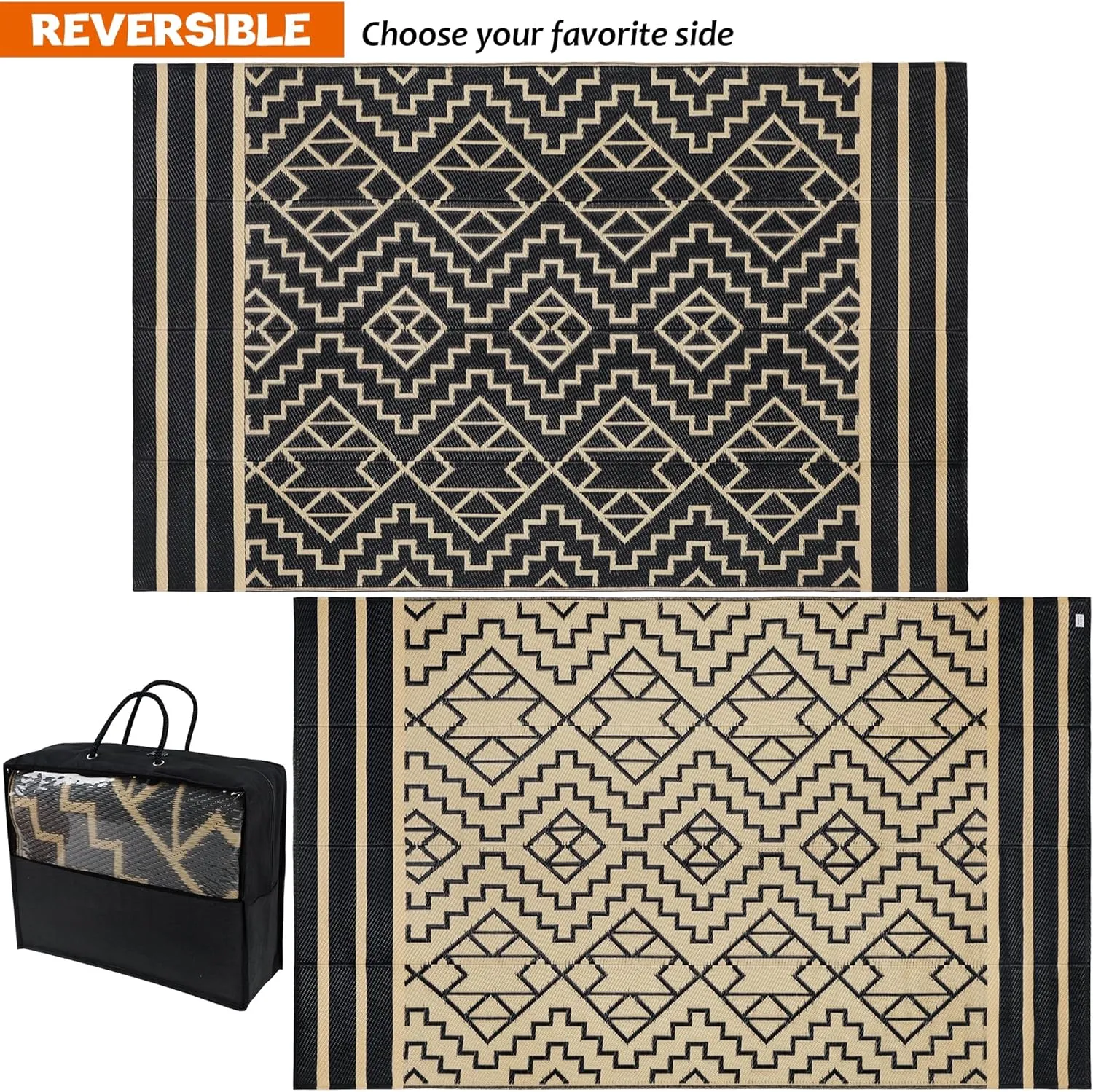SAND MINE Reversible Mats, Plastic Straw Rug, Modern Area Rug, Large Floor Mat and Rug for Outdoors, RV, Patio, Backyard, Deck, Picnic, Beach, Trailer, Camping (5' x 8', Black & Beige)