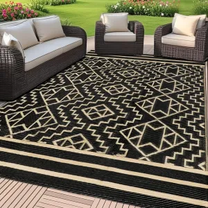 SAND MINE Reversible Mats, Plastic Straw Rug, Modern Area Rug, Large Floor Mat and Rug for Outdoors, RV, Patio, Backyard, Deck, Picnic, Beach, Trailer, Camping (5' x 8', Black & Beige)