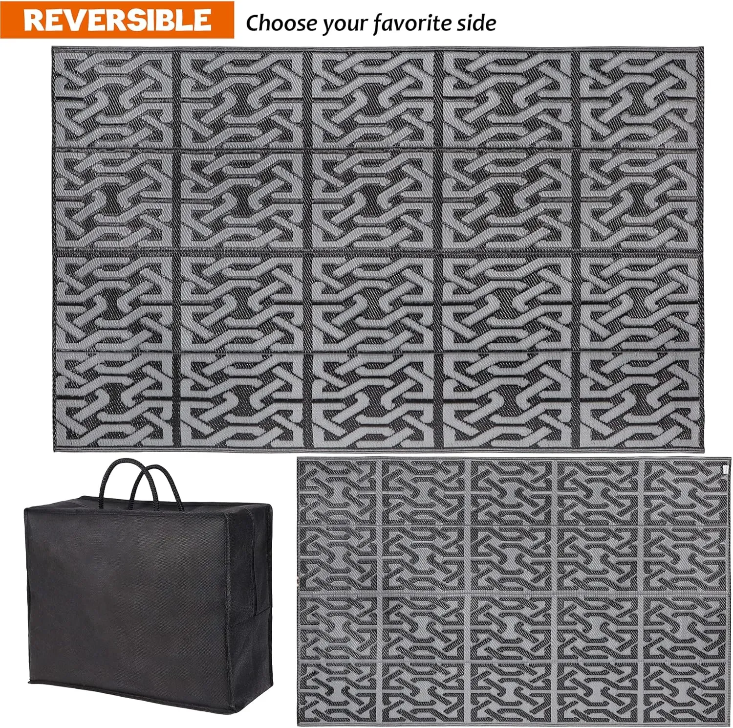 SAND MINE Reversible Mats, Plastic Straw Rug, Modern Area Rug, Large Floor Mat and Rug for Outdoors, RV, Patio, Backyard, Deck, Picnic, Beach, Trailer, Camping (5' x 8', Black & Grey)