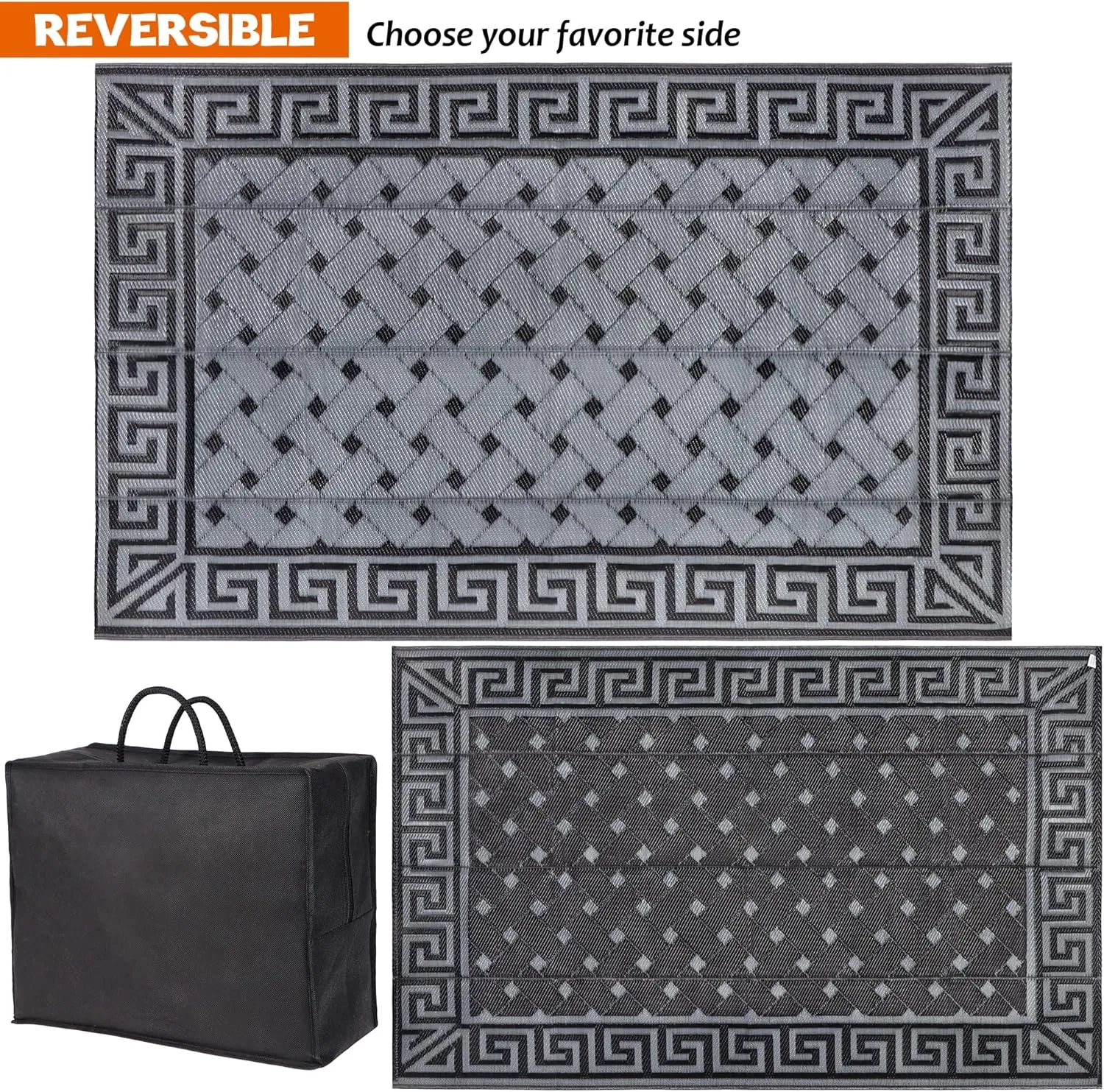 SAND MINE Reversible Mats, Plastic Straw Rug, Modern Area Rug, Large Floor Mat and Rug for Outdoors, RV, Patio, Backyard, Deck, Picnic, Beach, Trailer, Camping (5' x 8', Black & Grey)