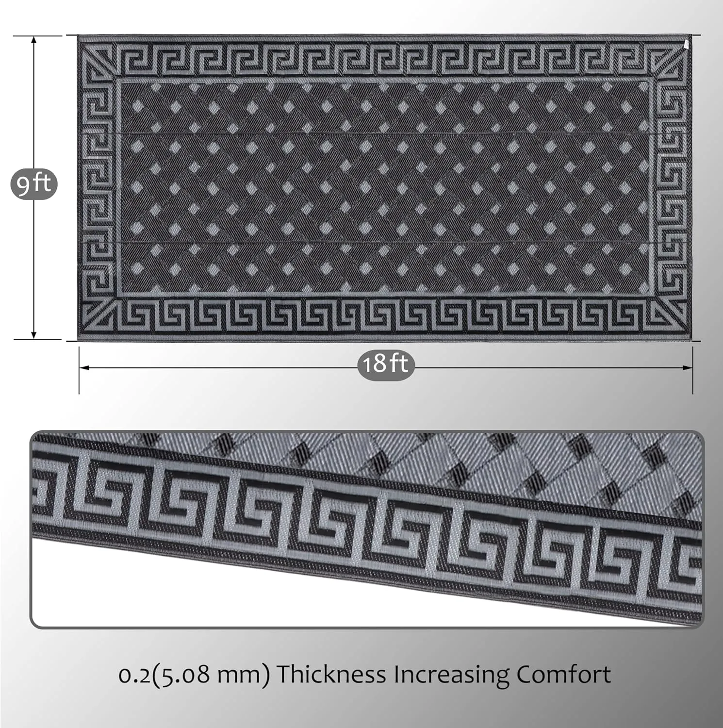SAND MINE Reversible Mats, Plastic Straw Rug, Modern Area Rug, Large Floor Mat and Rug for Outdoors, RV, Patio, Backyard, Deck, Picnic, Beach, Trailer, Camping (9' x 18', Black & Grey)