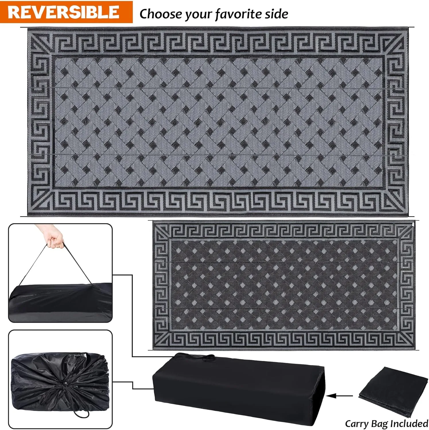 SAND MINE Reversible Mats, Plastic Straw Rug, Modern Area Rug, Large Floor Mat and Rug for Outdoors, RV, Patio, Backyard, Deck, Picnic, Beach, Trailer, Camping (9' x 18', Black & Grey)