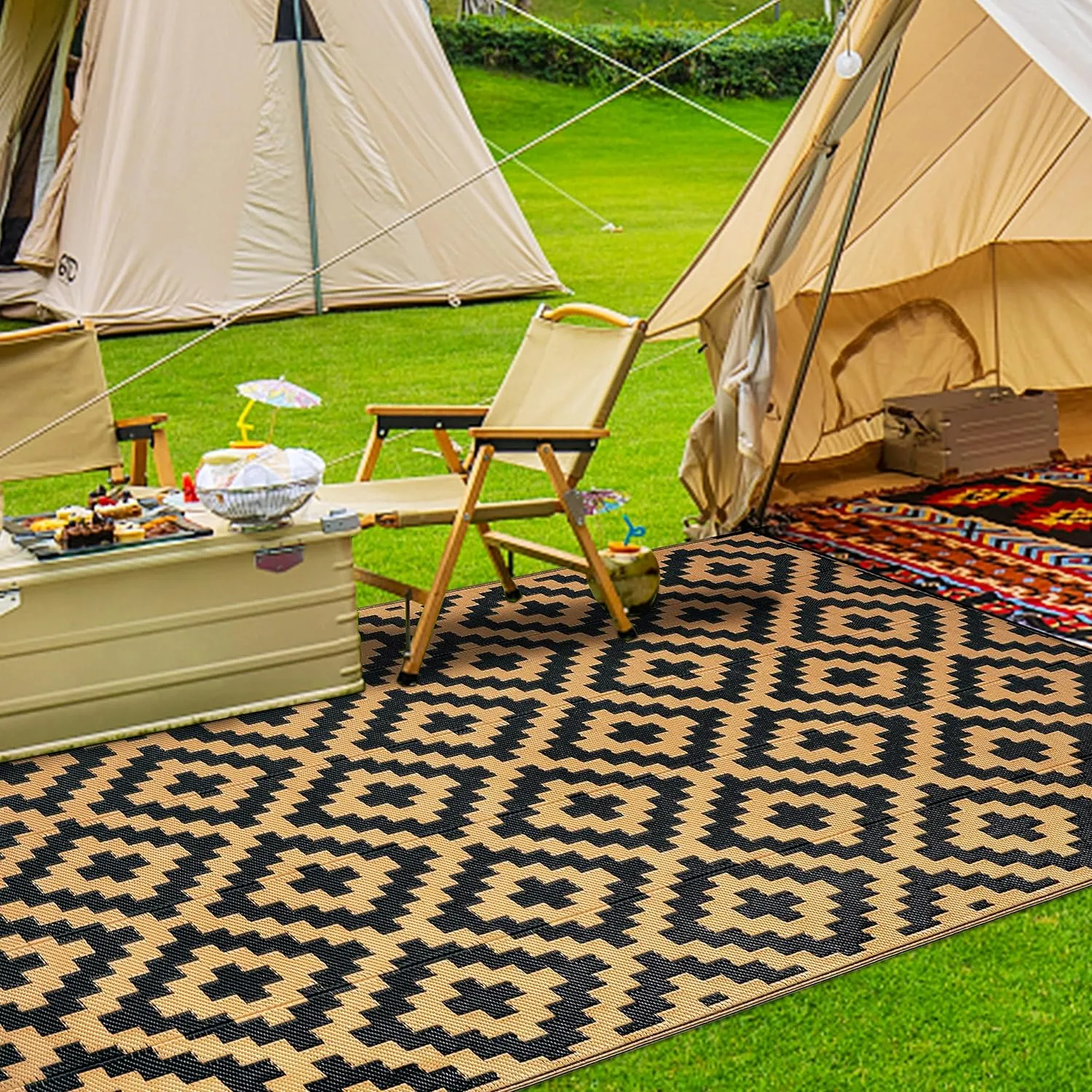 SAND MINE Reversible Mats, Plastic Straw Rug, Modern Area Rug, Large Floor Mat and Rug for Outdoors, RV, Patio, Backyard, Deck, Picnic, Beach, Trailer, Camping, Black & Brown, 6' x 9'