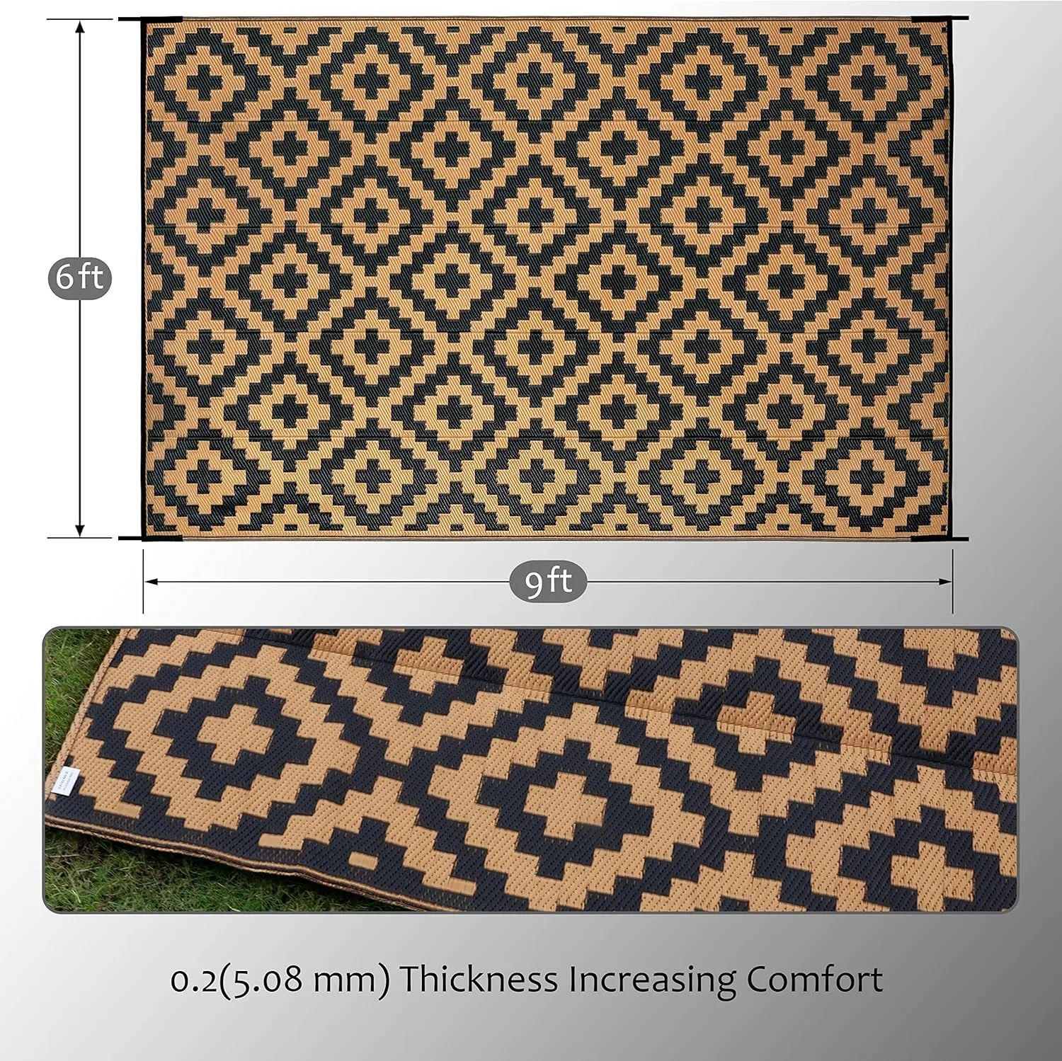 SAND MINE Reversible Mats, Plastic Straw Rug, Modern Area Rug, Large Floor Mat and Rug for Outdoors, RV, Patio, Backyard, Deck, Picnic, Beach, Trailer, Camping, Black & Brown, 6' x 9'