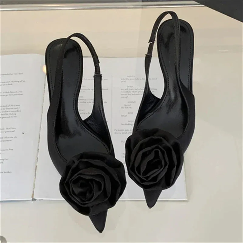 Satin Slingback Women Pumps Sexy Design Flowers Pointed Toe Thin High Heels