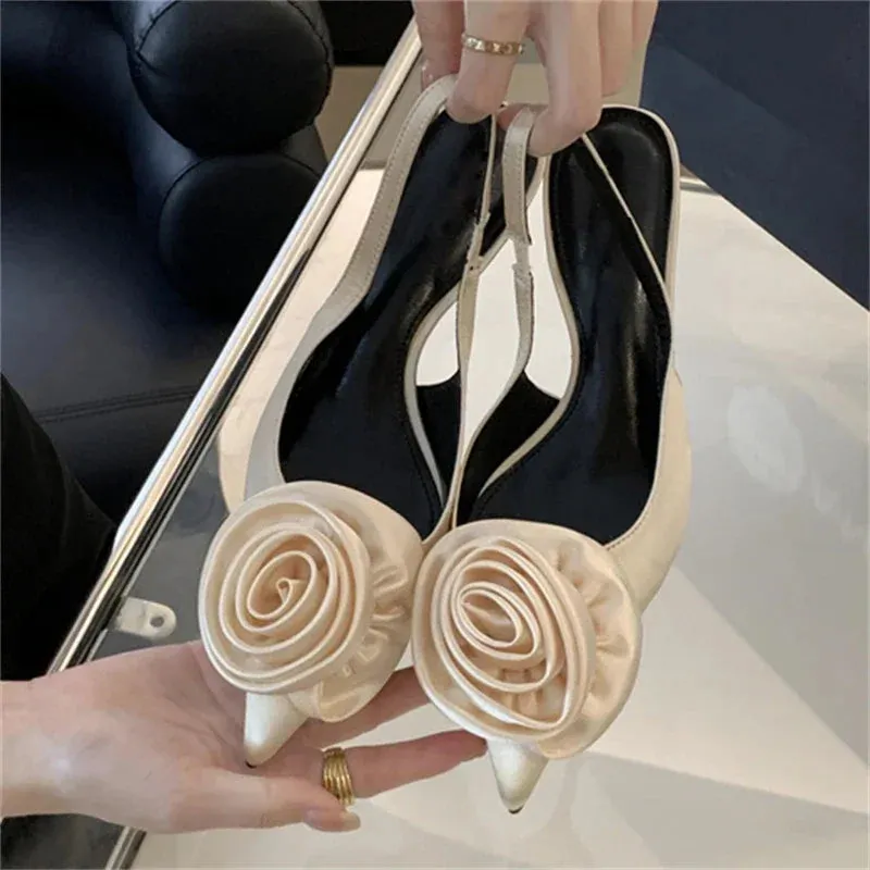 Satin Slingback Women Pumps Sexy Design Flowers Pointed Toe Thin High Heels