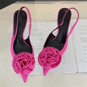 Satin Slingback Women Pumps Sexy Design Flowers Pointed Toe Thin High Heels