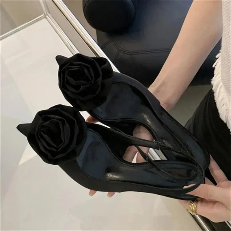 Satin Slingback Women Pumps Sexy Design Flowers Pointed Toe Thin High Heels