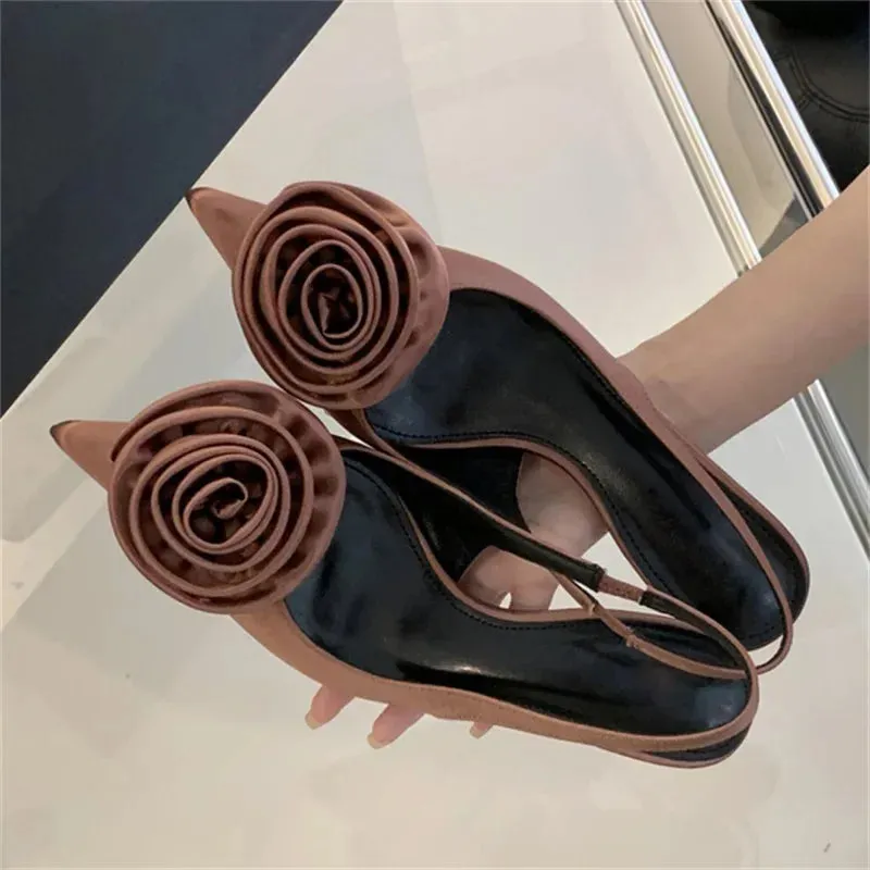 Satin Slingback Women Pumps Sexy Design Flowers Pointed Toe Thin High Heels