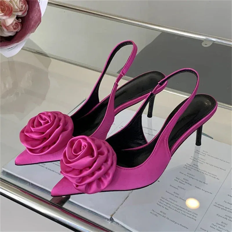 Satin Slingback Women Pumps Sexy Design Flowers Pointed Toe Thin High Heels