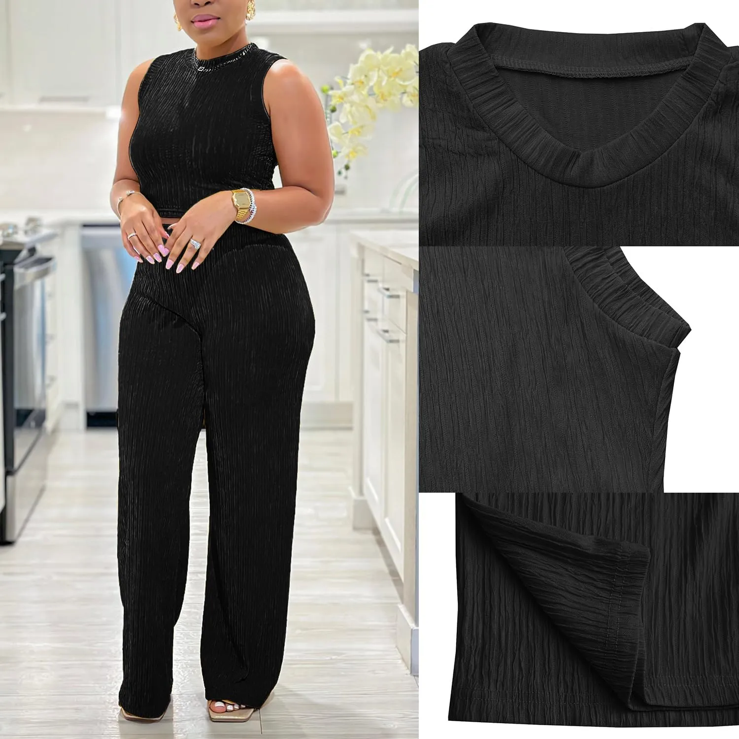 Sexy 2 Piece Ribbed Outfits for Women Sleevelss Crop Top and High Waist Straight Leg Pant Sets Summer Outfit