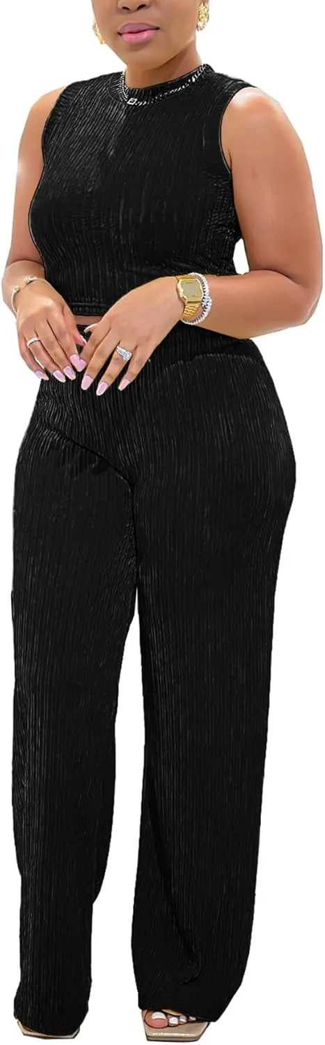 Sexy 2 Piece Ribbed Outfits for Women Sleevelss Crop Top and High Waist Straight Leg Pant Sets Summer Outfit