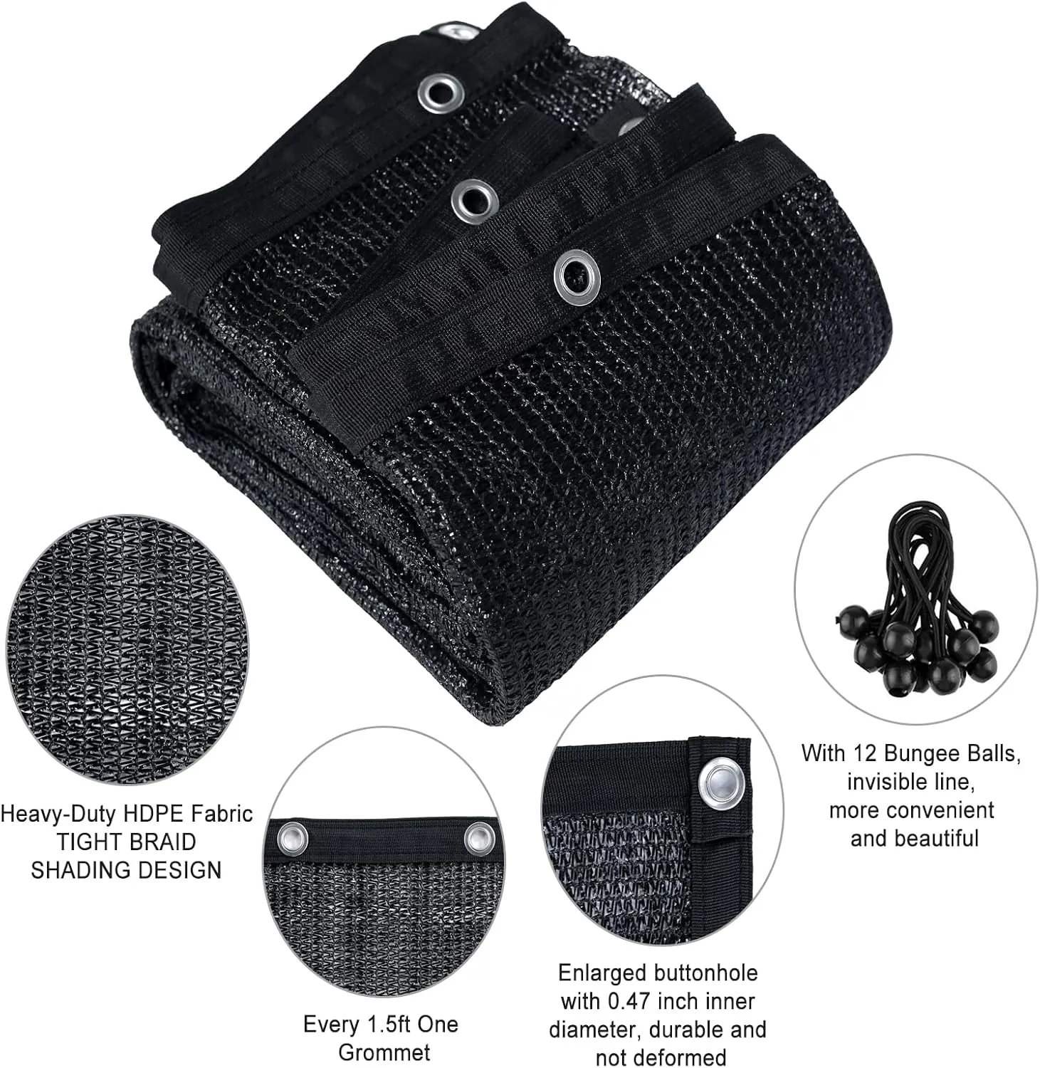 Shatex 90% Shade Fabric 6x20ft Sun Shade Cloth with Grommets for Pergola Cover Canopy Black, 12 Bungee Balls