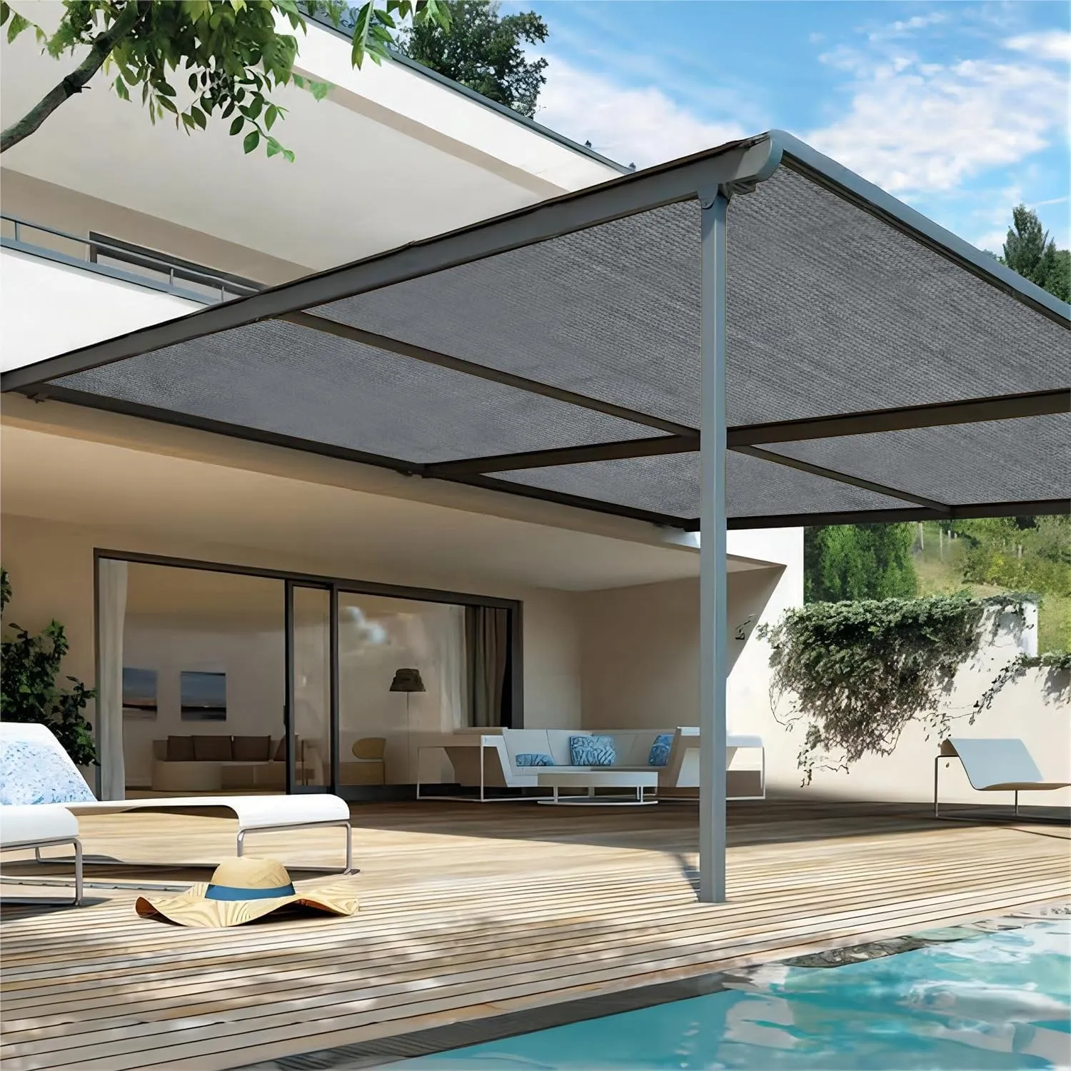 Shatex 90% Sun Shades for Patios 10x 10 ft Shade Fabric Sun Shade Cloth Taped Edge with Grommets Sun-Block Mesh Shade for Pergola Cover Canopy Grey, 12 Bungee Balls