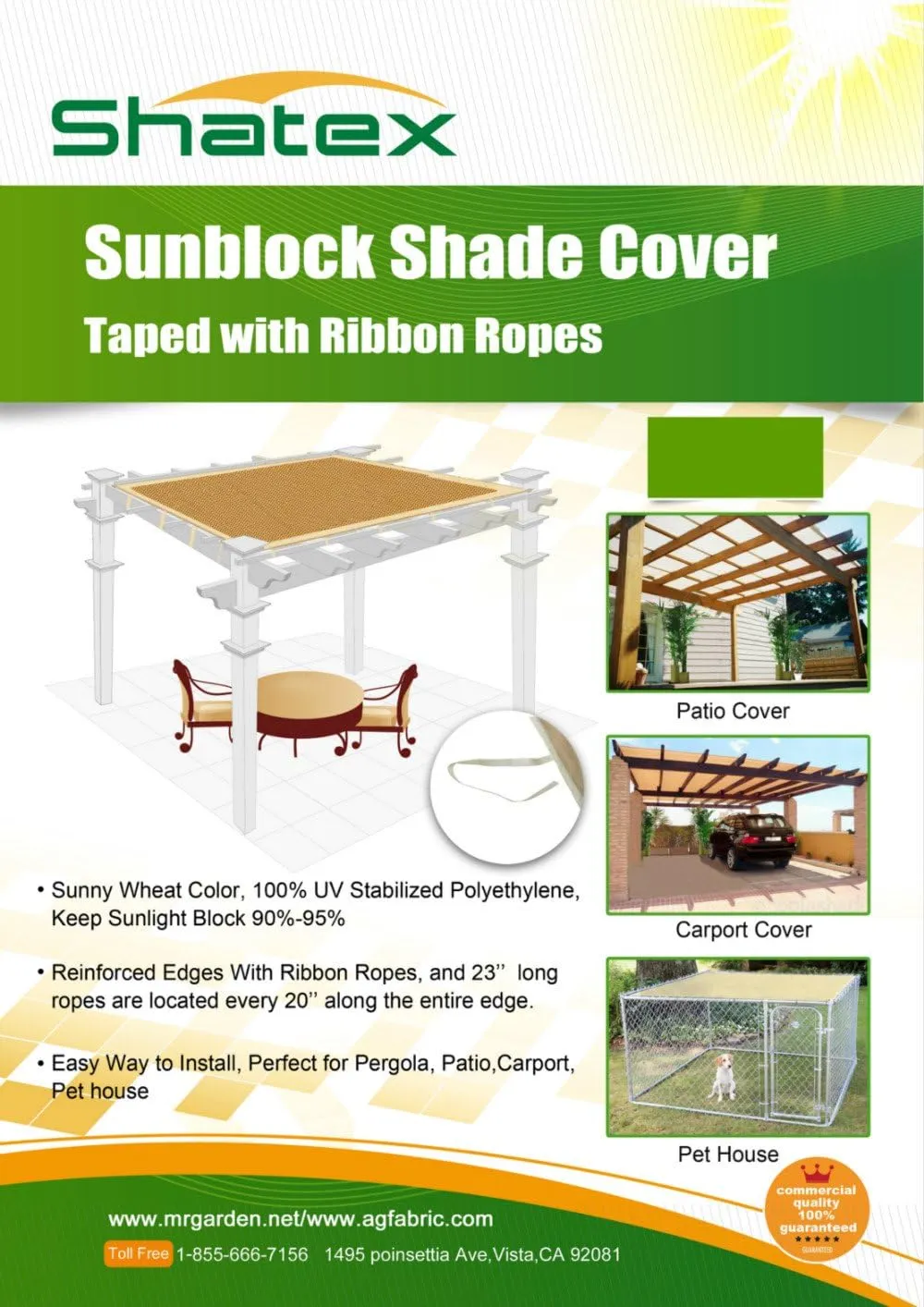 Shatex Shade Panel 10' x 18' Block 90% of Sunlight with Ready-tie up Ribbon for Pergola Gazebo Porch, Wheat