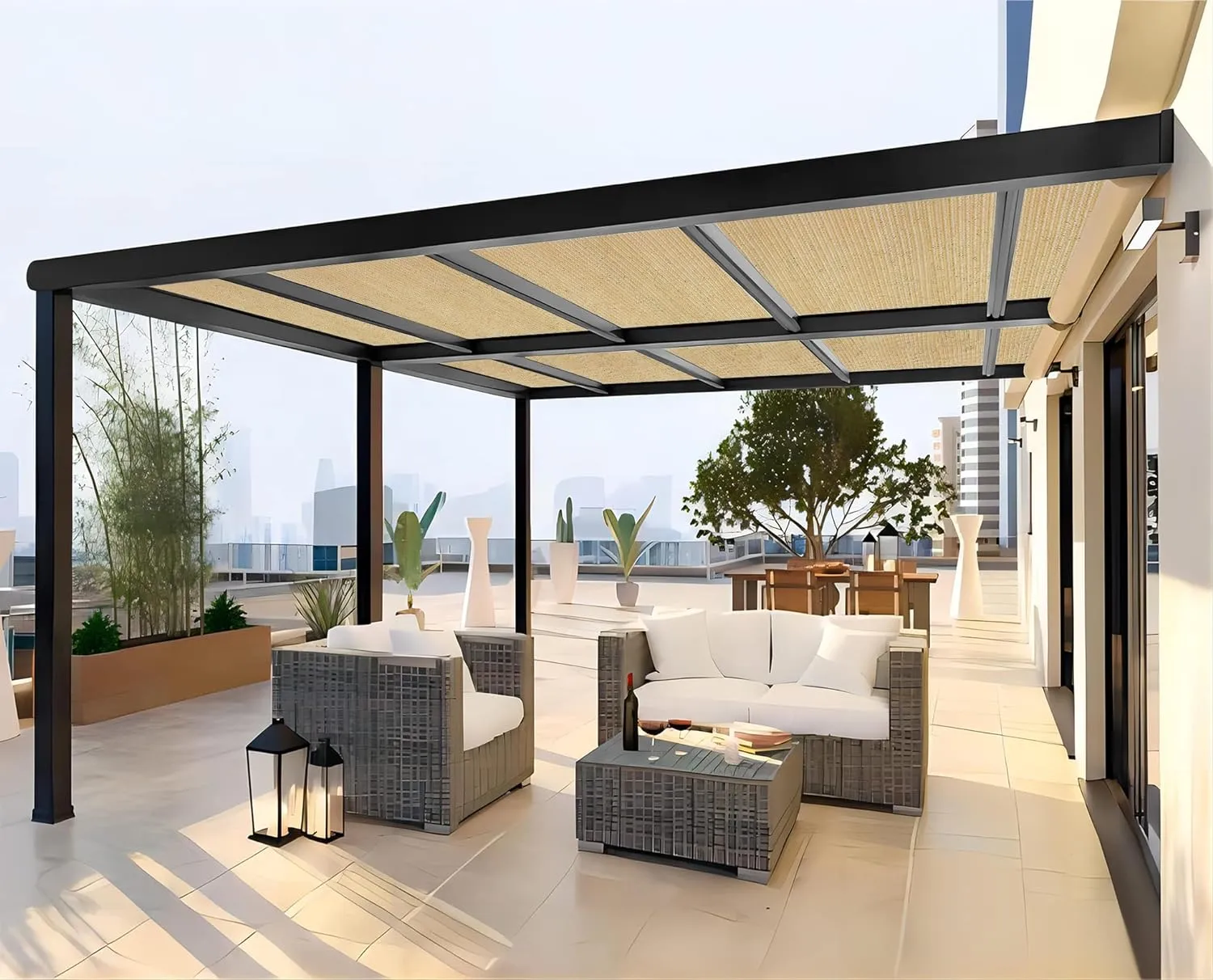Shatex Shade Panel 12' x 12' Block 90% with Ready-tie up Ribbon for Pergola Gazebo Porch, Wheat