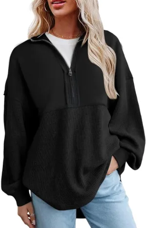 SHEWIN Womens Sweatshirt Casual Waffle Knit Half Zip Pullover Loose Long Sleeve Tops Fall Outfit Clothes 2025