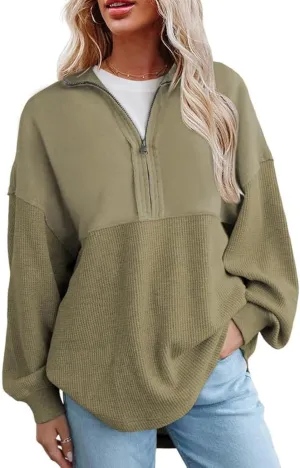 SHEWIN Womens Sweatshirt Casual Waffle Knit Half Zip Pullover Loose Long Sleeve Tops Fall Outfit Clothes 2025