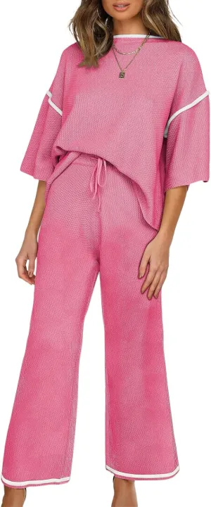 SHEWIN Womens Two Piece Outfits Casual Short Sleeve Knit Sweater Tops Matching Wide Leg Pants Tracksuit Lounge Sets
