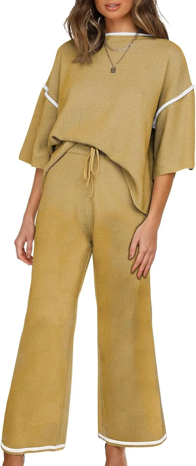 SHEWIN Womens Two Piece Outfits Casual Short Sleeve Knit Sweater Tops Matching Wide Leg Pants Tracksuit Lounge Sets