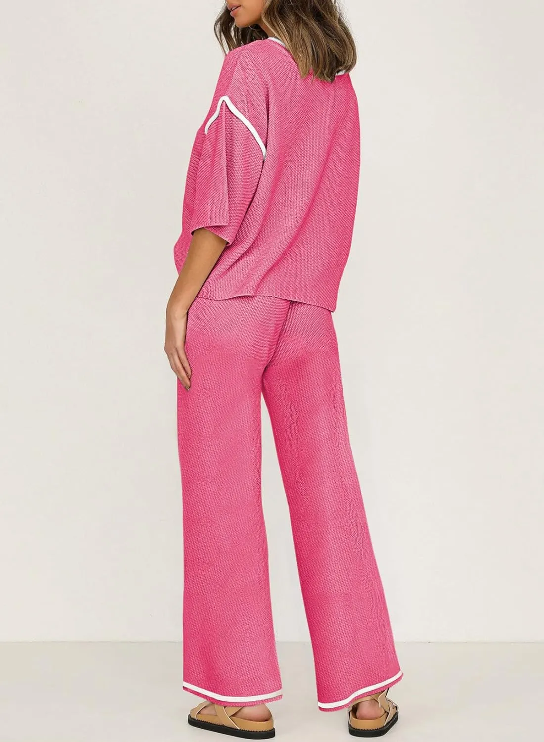 SHEWIN Womens Two Piece Outfits Casual Short Sleeve Knit Sweater Tops Matching Wide Leg Pants Tracksuit Lounge Sets