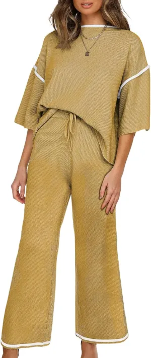 SHEWIN Womens Two Piece Outfits Casual Short Sleeve Knit Sweater Tops Matching Wide Leg Pants Tracksuit Lounge Sets