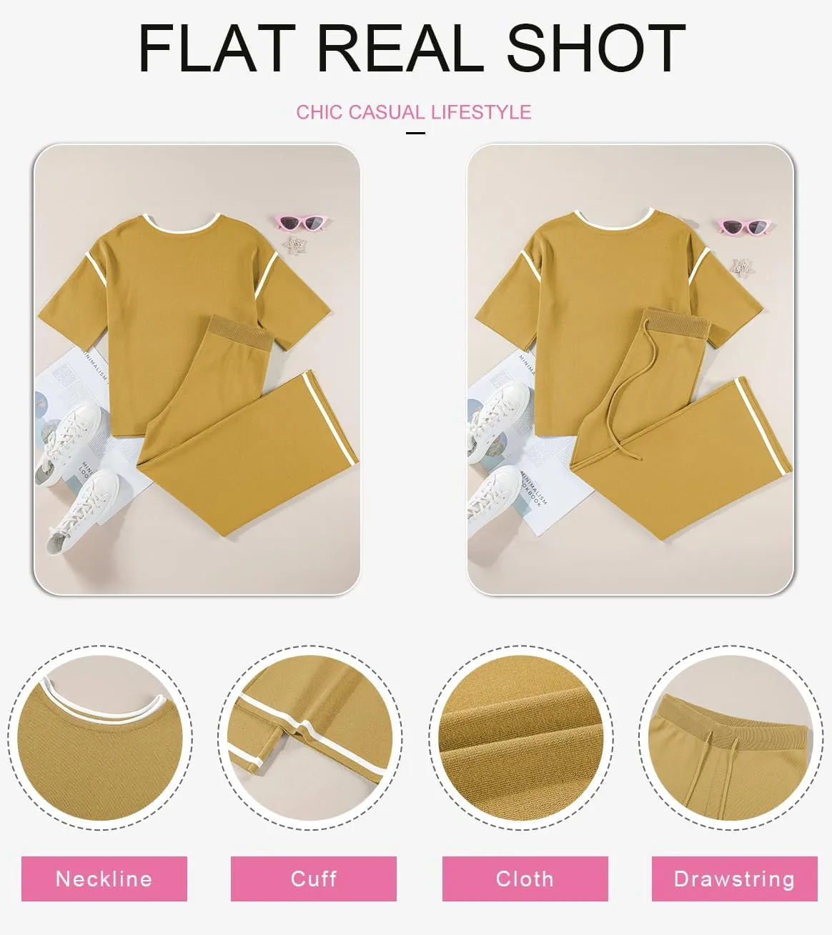 SHEWIN Womens Two Piece Outfits Casual Short Sleeve Knit Sweater Tops Matching Wide Leg Pants Tracksuit Lounge Sets