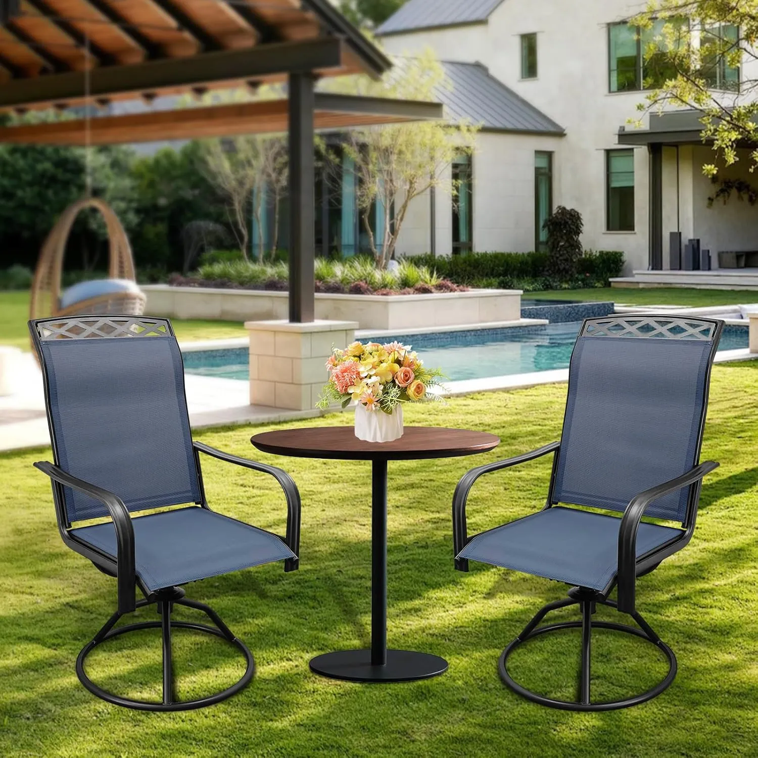 SHGJ&SOFT Patio Swivel Chairs, Waterproof Outdoor Dining Chairs with All-Weather Textilene Mesh for Deck, Garden, and Backyard, Poolside, Lawn (Blue, Set of 6)