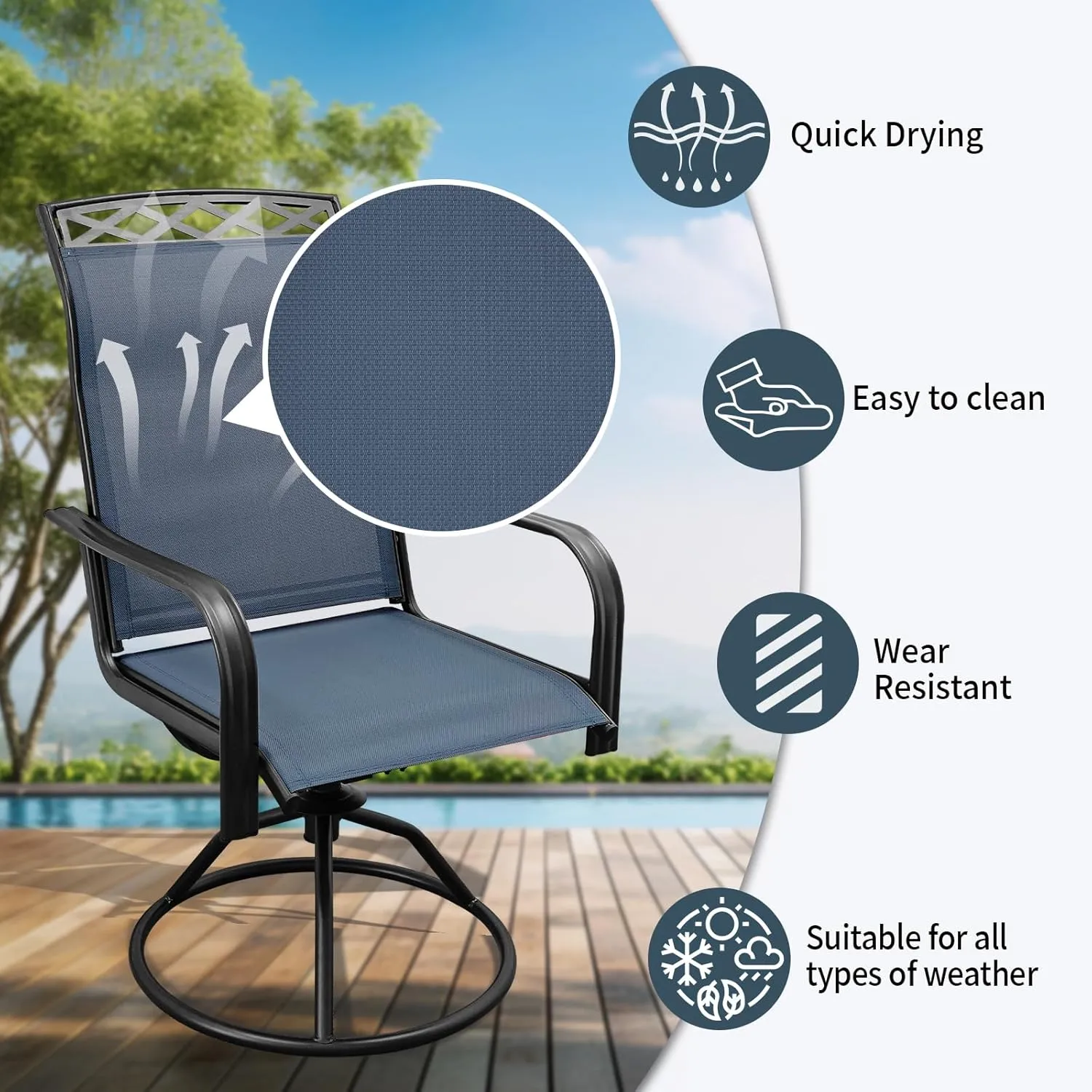 SHGJ&SOFT Patio Swivel Chairs, Waterproof Outdoor Dining Chairs with All-Weather Textilene Mesh for Deck, Garden, and Backyard, Poolside, Lawn (Blue, Set of 6)