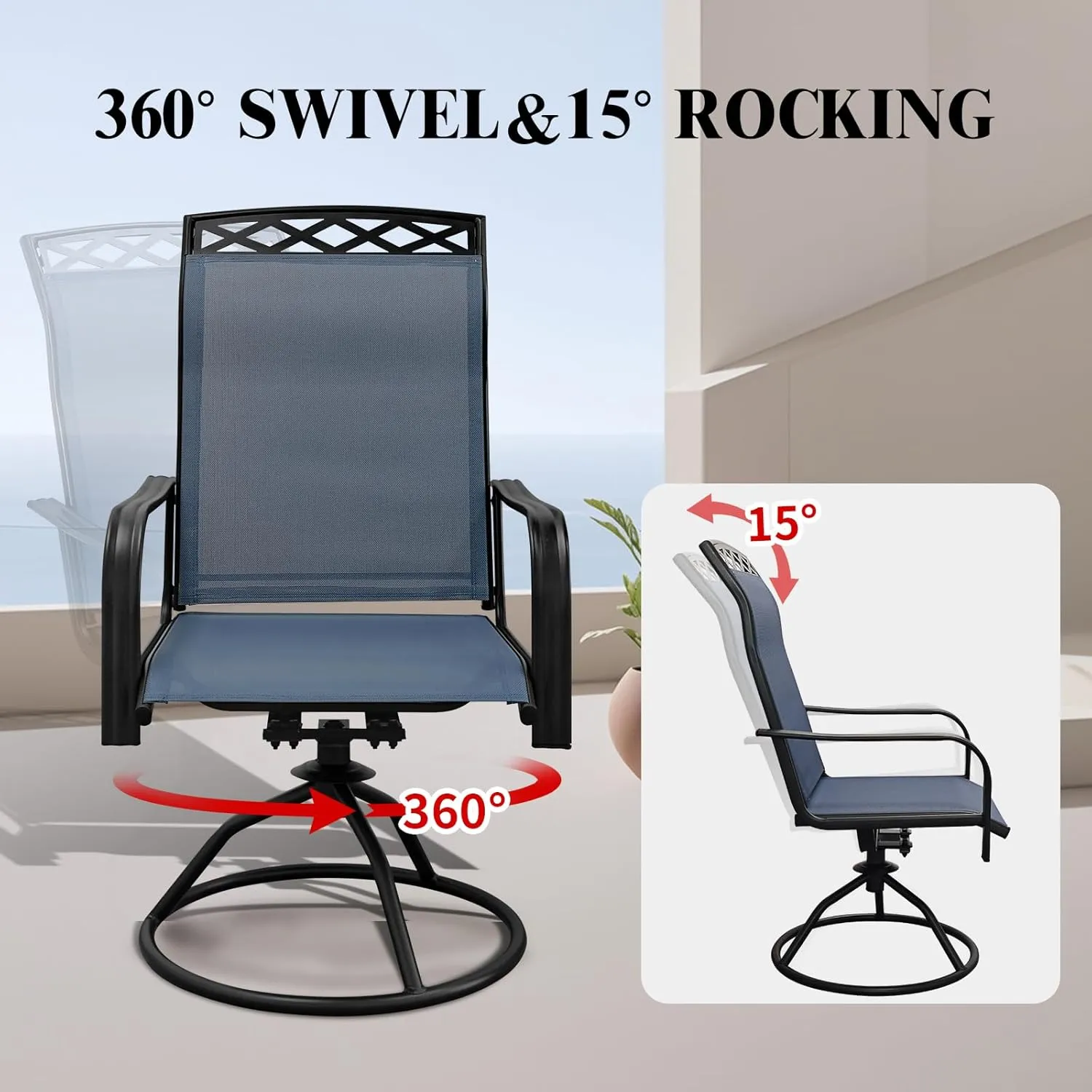 SHGJ&SOFT Patio Swivel Chairs, Waterproof Outdoor Dining Chairs with All-Weather Textilene Mesh for Deck, Garden, and Backyard, Poolside, Lawn (Blue, Set of 6)