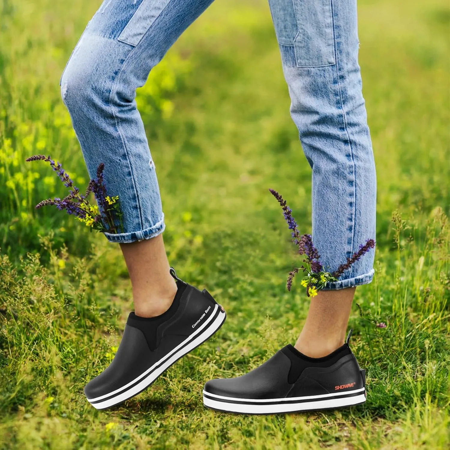 Showave Deck Shoes for Women Waterproof Garden Shoes Slip-on Rain Shoes Breathable Ruber Mud Shoes for Outdoor Fishing Walking Gardening Walking