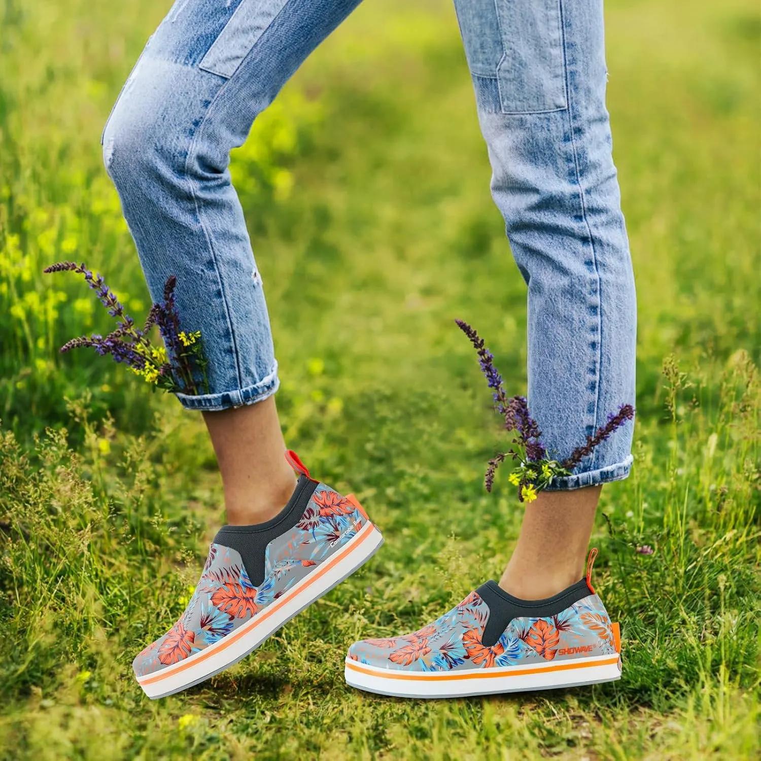 Showave Deck Shoes for Women Waterproof Garden Shoes Slip-on Rain Shoes Breathable Ruber Mud Shoes for Outdoor Fishing Walking Gardening Walking