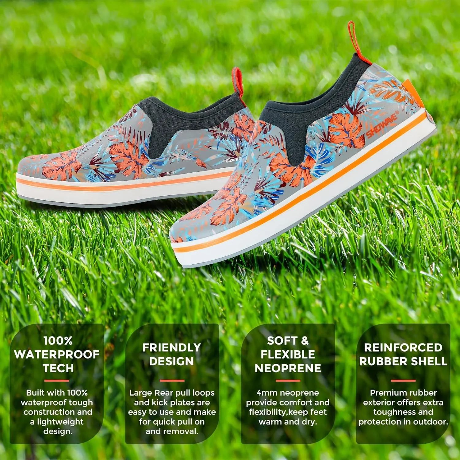 Showave Deck Shoes for Women Waterproof Garden Shoes Slip-on Rain Shoes Breathable Ruber Mud Shoes for Outdoor Fishing Walking Gardening Walking