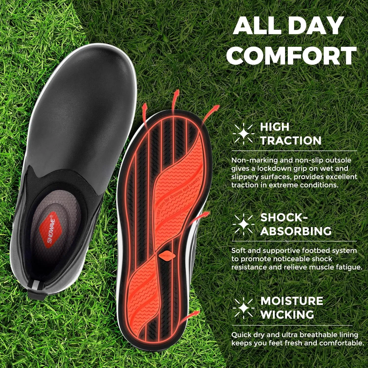 Showave Deck Shoes for Women Waterproof Garden Shoes Slip-on Rain Shoes Breathable Ruber Mud Shoes for Outdoor Fishing Walking Gardening Walking