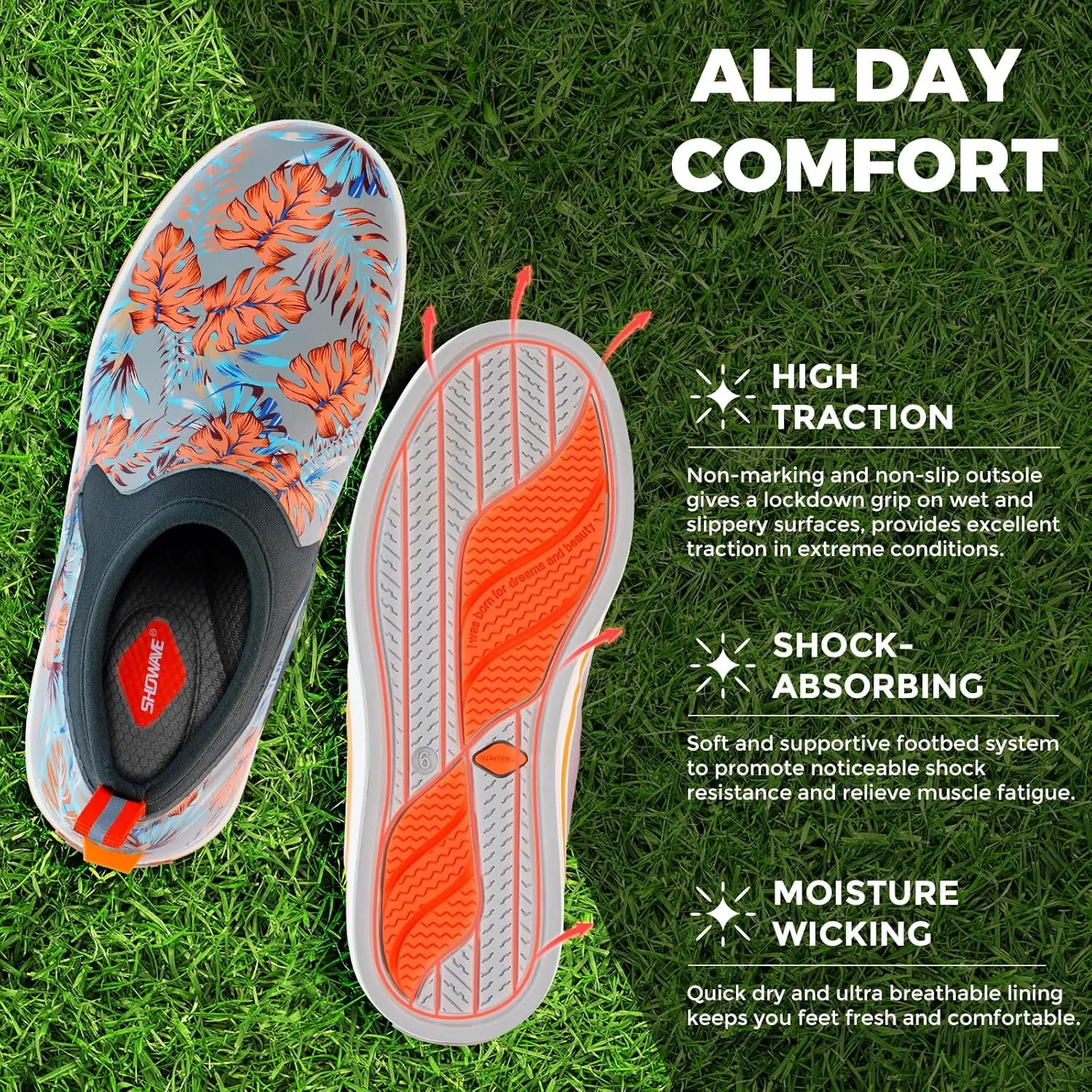 Showave Deck Shoes for Women Waterproof Garden Shoes Slip-on Rain Shoes Breathable Ruber Mud Shoes for Outdoor Fishing Walking Gardening Walking
