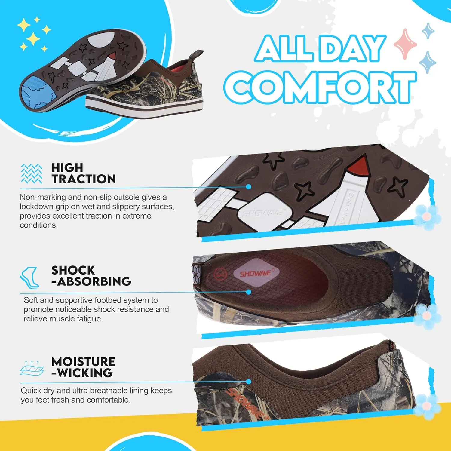 Showave Kid's Deck Shoes Waterproof Rain Shoes for Boys and Girls Breathable Non-slip Rubber Mud Boots Low Cut Design for Outdoor Fishing Walking