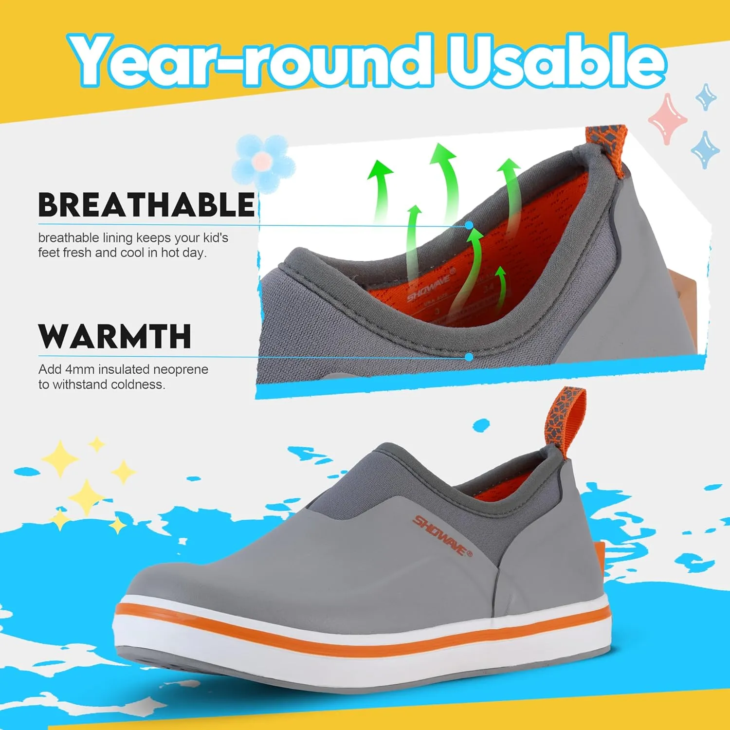 Showave Kid's Deck Shoes Waterproof Rain Shoes for Boys and Girls Breathable Non-slip Rubber Mud Boots Low Cut Design for Outdoor Fishing Walking