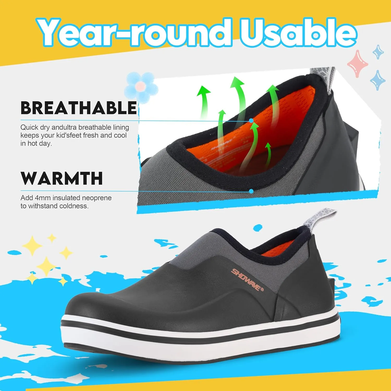 Showave Kid's Deck Shoes Waterproof Rain Shoes for Boys and Girls Breathable Non-slip Rubber Mud Boots Low Cut Design for Outdoor Fishing Walking