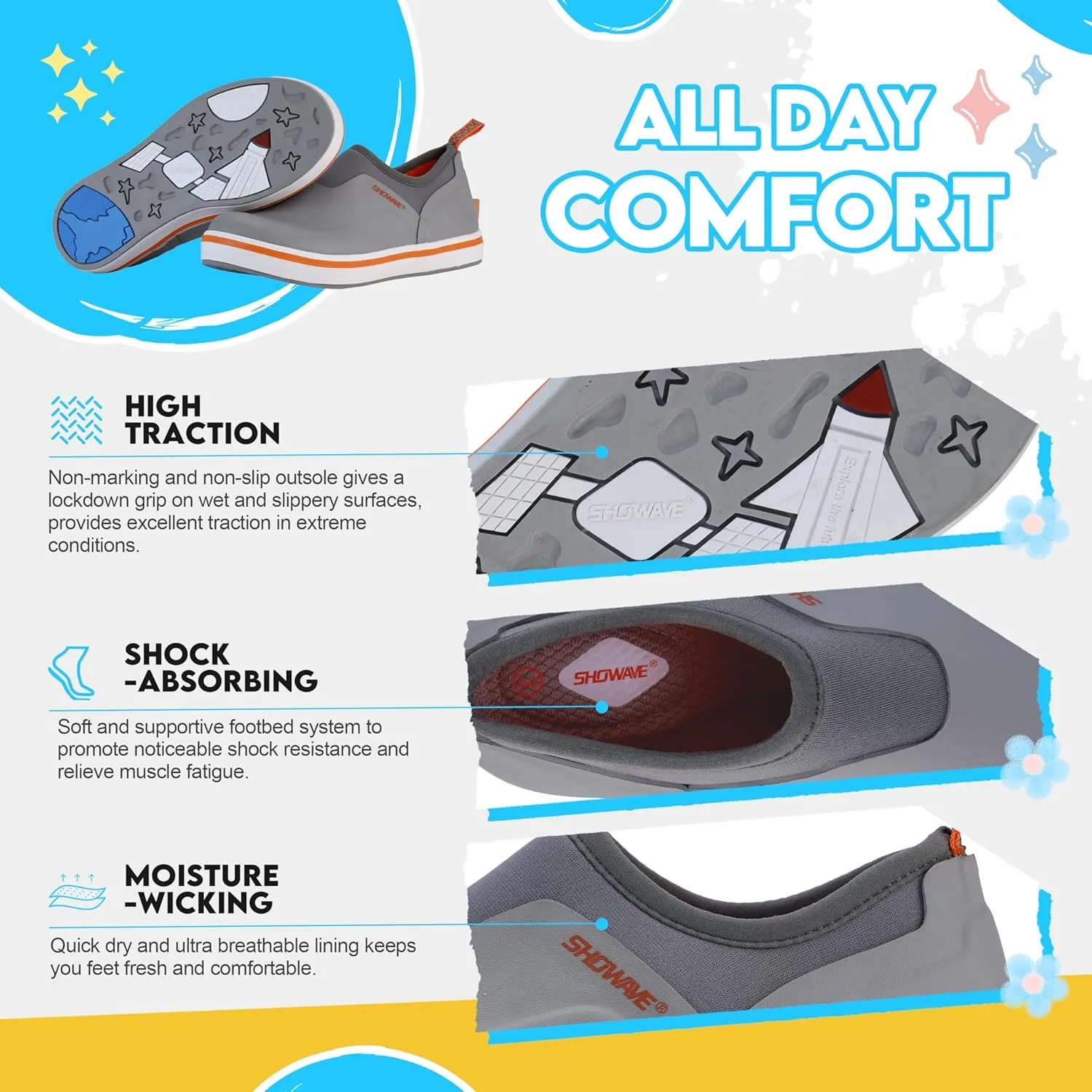 Showave Kid's Deck Shoes Waterproof Rain Shoes for Boys and Girls Breathable Non-slip Rubber Mud Boots Low Cut Design for Outdoor Fishing Walking