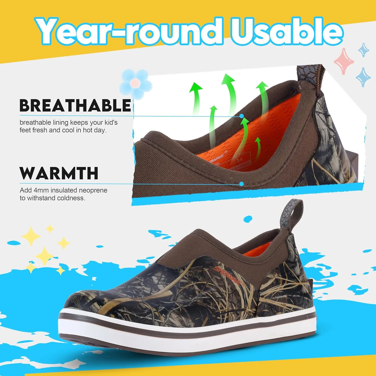 Showave Kid's Deck Shoes Waterproof Rain Shoes for Boys and Girls Breathable Non-slip Rubber Mud Boots Low Cut Design for Outdoor Fishing Walking