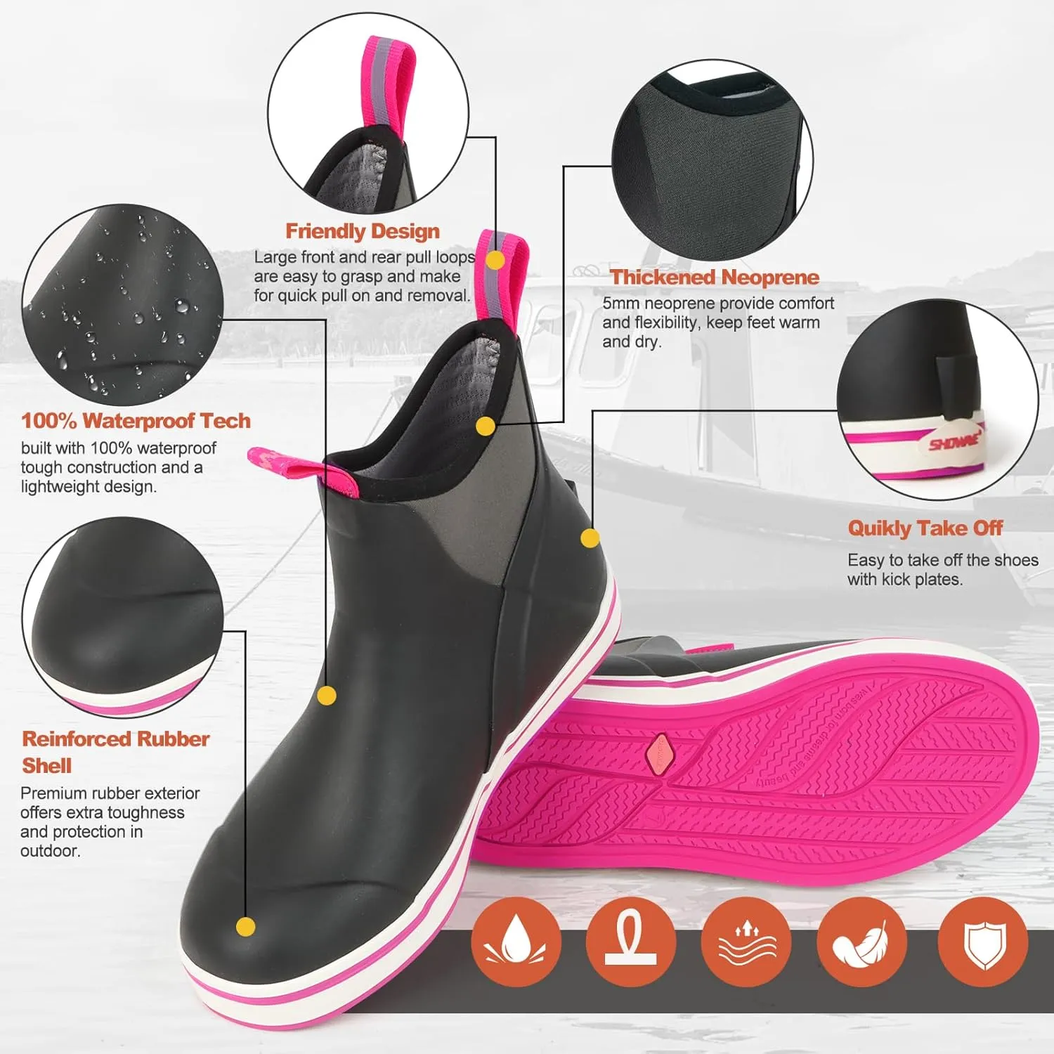 Showave Women's Deck Boots Waterproof Ankle Rain Footwear Non-Slip Rubber Boots for Boating Fishing Gardening Farming