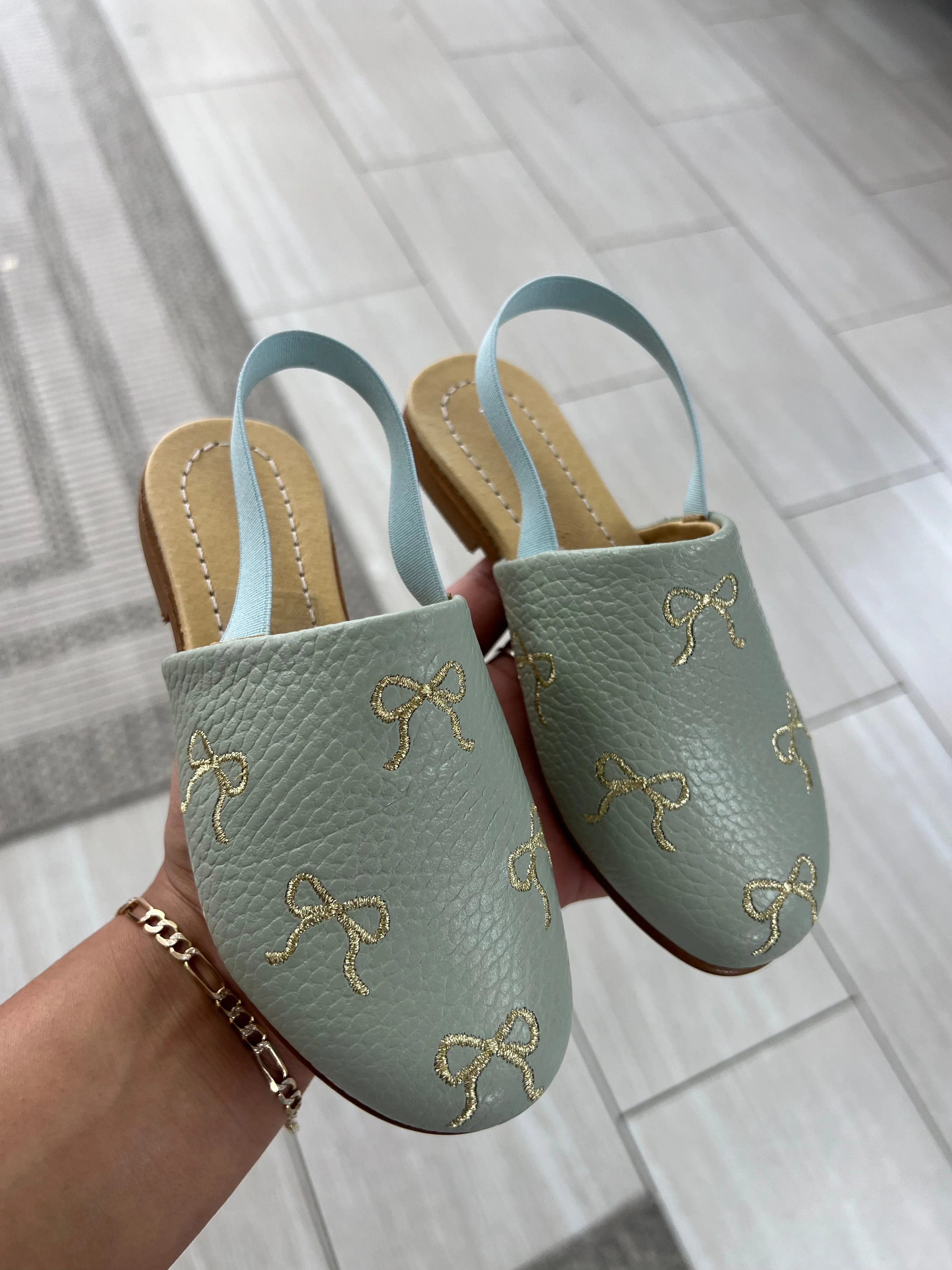 Spain Co Aqua Bow Embroidered Slingback
