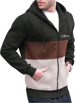 SweatyRocks Men's Winter Fleece Zip Up Hoodie Thermal Long Sleeve Hooded Color Block Sweatshirts with Pocket