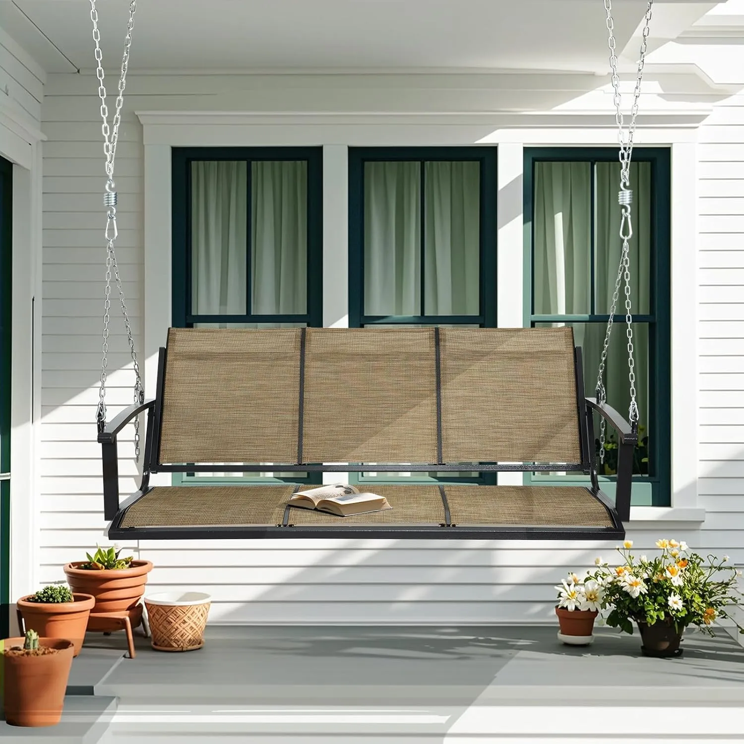 Textilene 3 Seat Hanging Swing, 5.2FT Patio Bench Swing, 660lbs Heavy Duty Outdoor Porch Swing with Hanging Chains for Courtyard, Garden, Tree, Yard