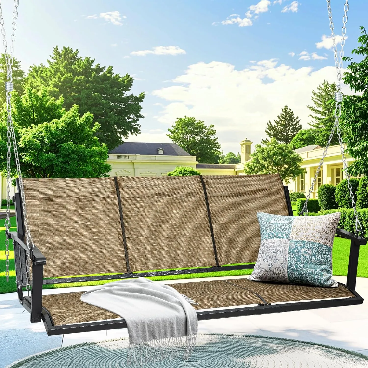 Textilene 3 Seat Hanging Swing, 5.2FT Patio Bench Swing, 660lbs Heavy Duty Outdoor Porch Swing with Hanging Chains for Courtyard, Garden, Tree, Yard