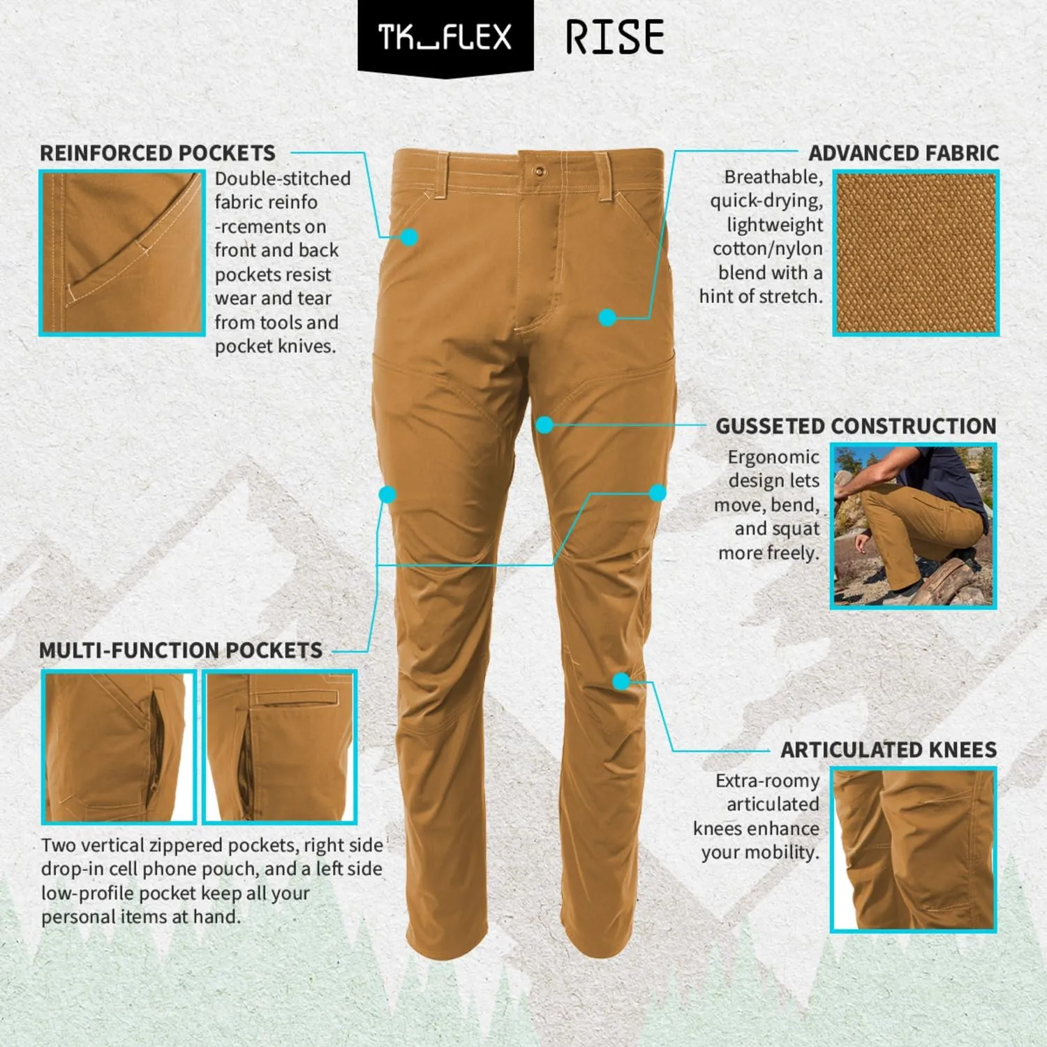 TK Flex Rise Men's Technical Pants Quick Dry Breathable Outdoor Hiking 8 Pockets
