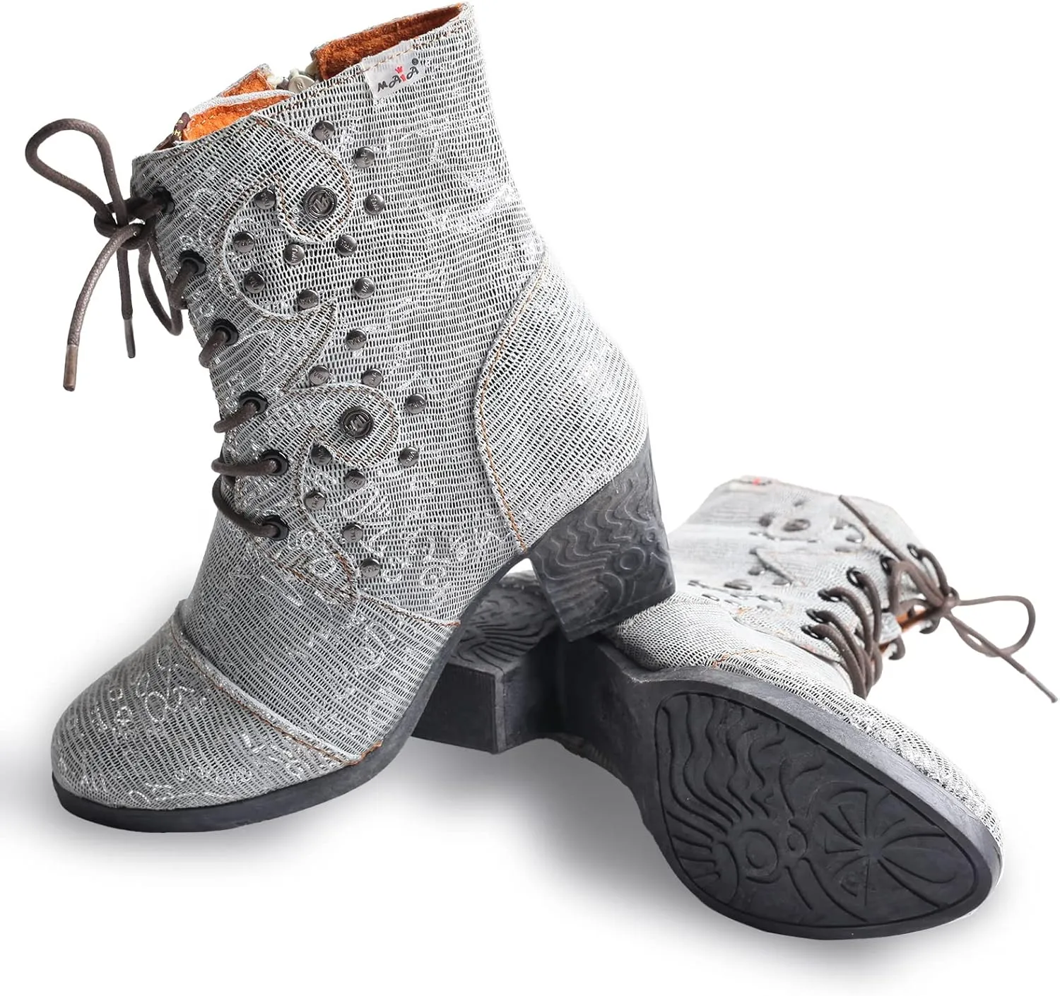TMA EYES Abstract Studded Lace-up and Zipper Women's Leather Boots