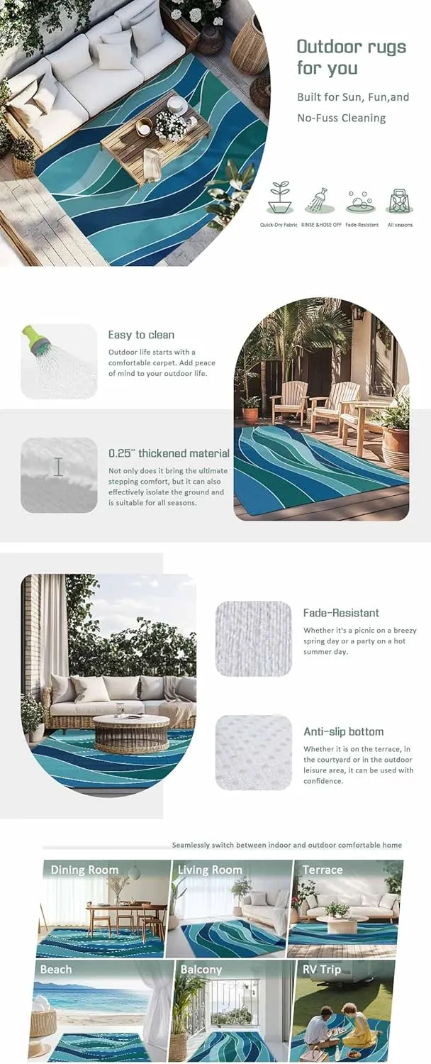 Turquoise Blue Outdoor Rug 4x6ft Large Patio Rug,Washable RV Camping Outside Area Runner Rug Mat,Green Gradient Abstract Wave Stripes Carpet for Picnic Backyard Deck Porch Balcony Beach & Indoor