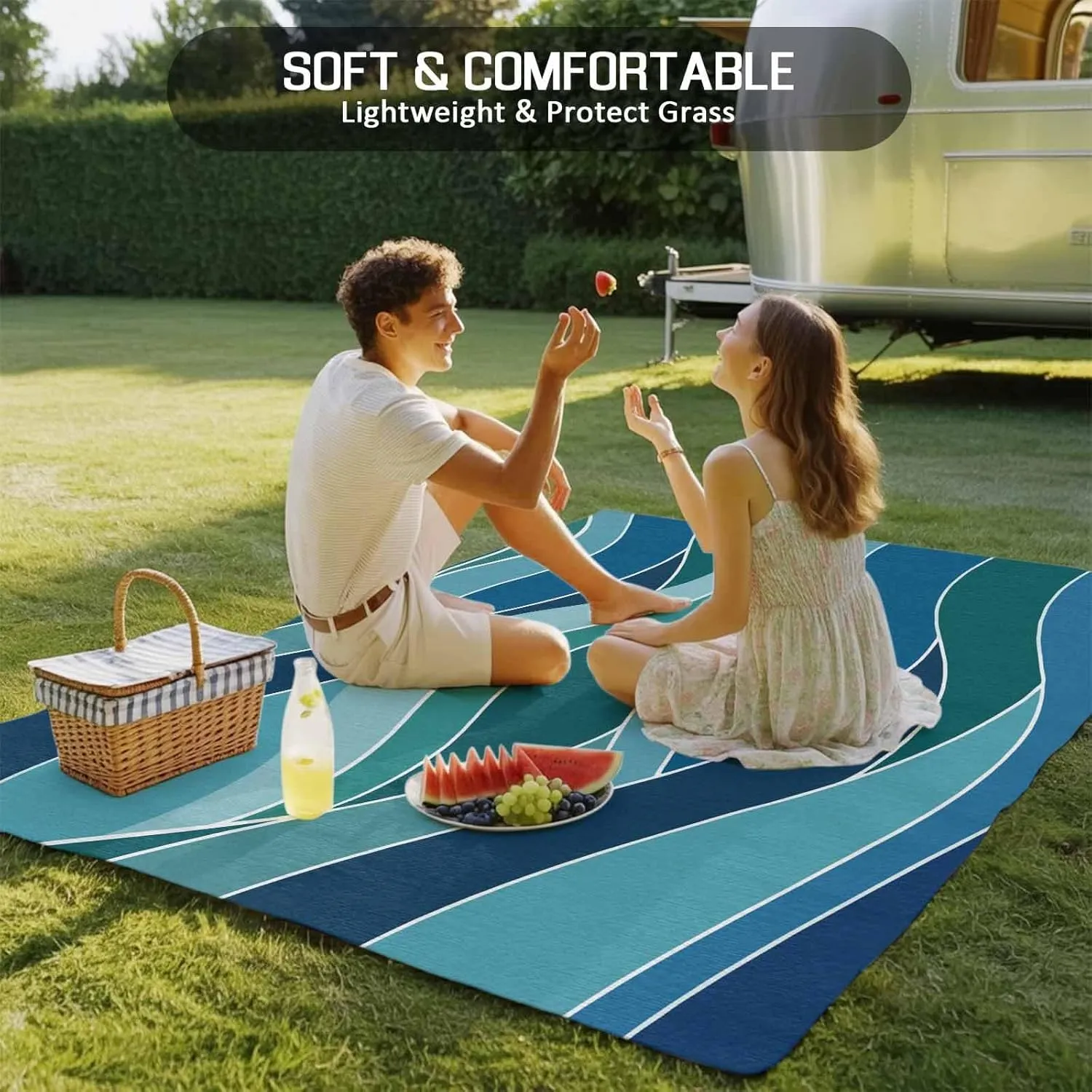 Turquoise Blue Outdoor Rug 4x6ft Large Patio Rug,Washable RV Camping Outside Area Runner Rug Mat,Green Gradient Abstract Wave Stripes Carpet for Picnic Backyard Deck Porch Balcony Beach & Indoor