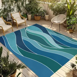 Turquoise Blue Outdoor Rug 4x6ft Large Patio Rug,Washable RV Camping Outside Area Runner Rug Mat,Green Gradient Abstract Wave Stripes Carpet for Picnic Backyard Deck Porch Balcony Beach & Indoor